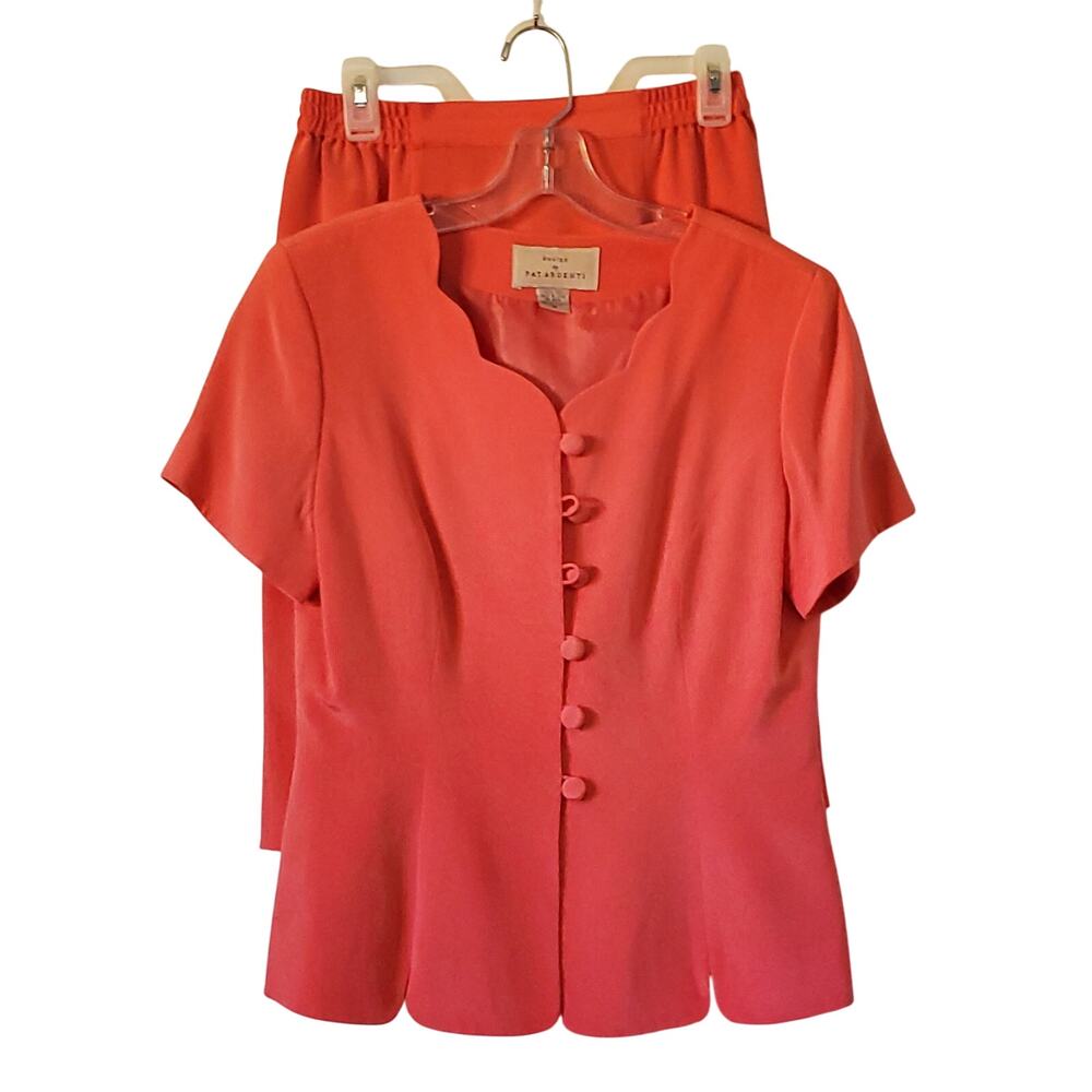 Vintage Pat Argenti Silk Skirt Suit Womens 10 Pink Salmon Scalloped Short Sleeve